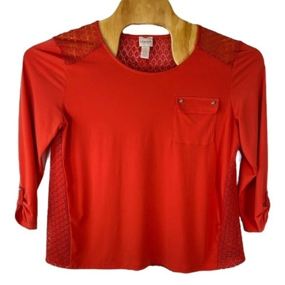 CHICOS Women’s Crochet Back Knit Orange 3/4 Sleeve Blouse Sz 2
